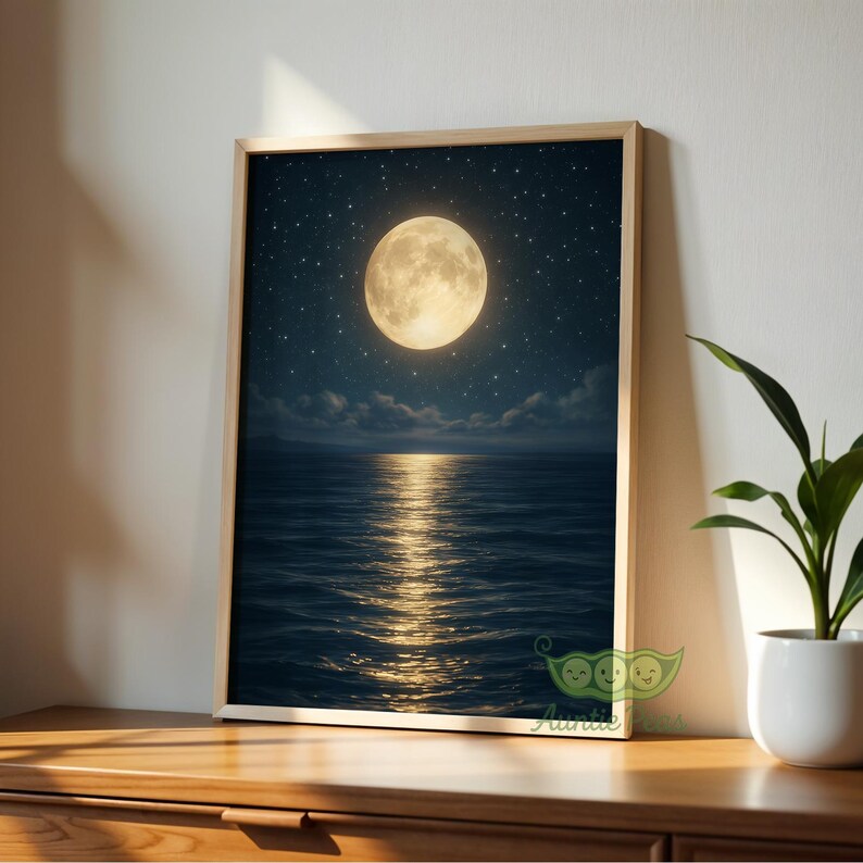 Moonlight Ocean Wall Art Print, Moon Night Seascape Painting, Moody ...