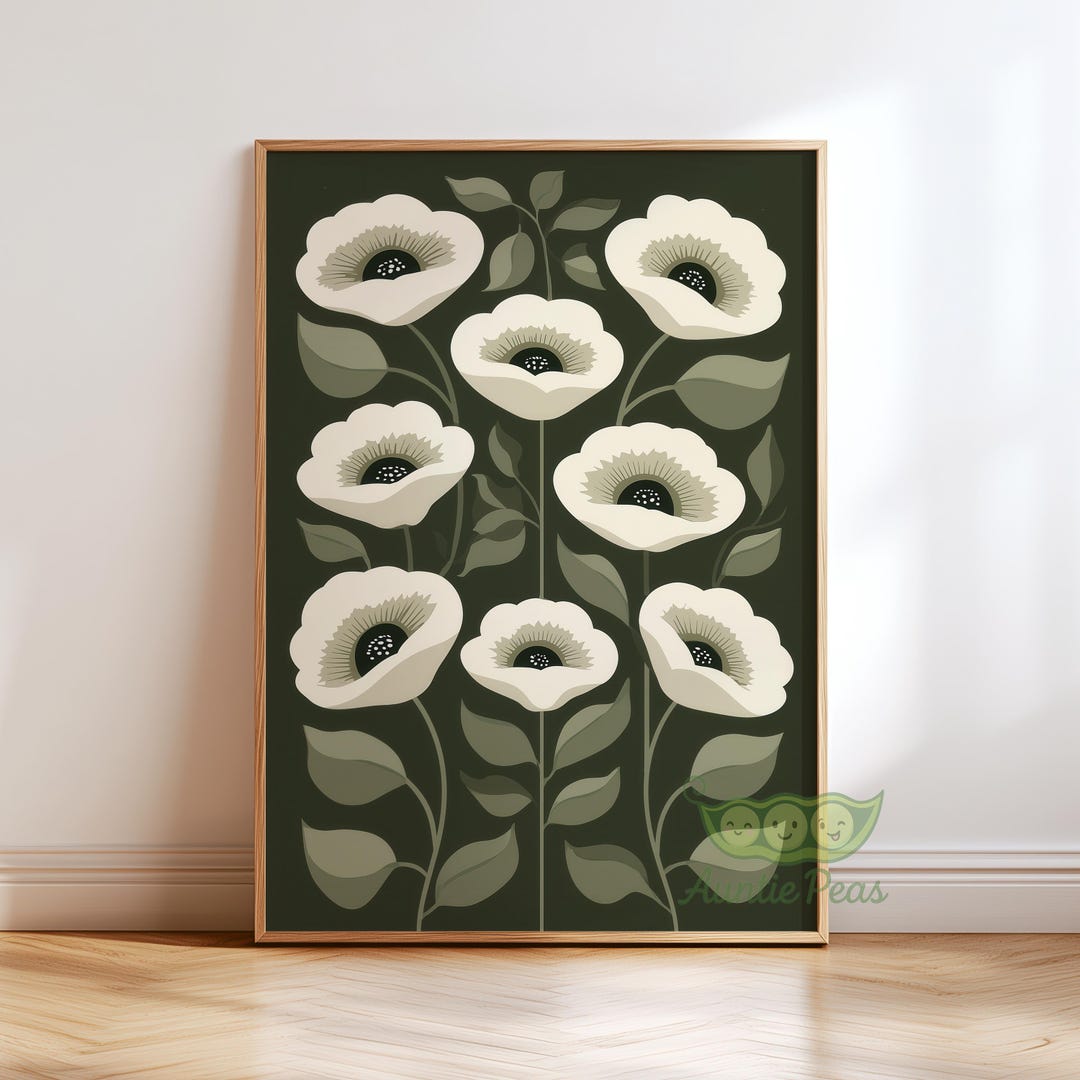 Mid Century Modern Floral Wall Art, Minimalist Botanical Print, Moody ...