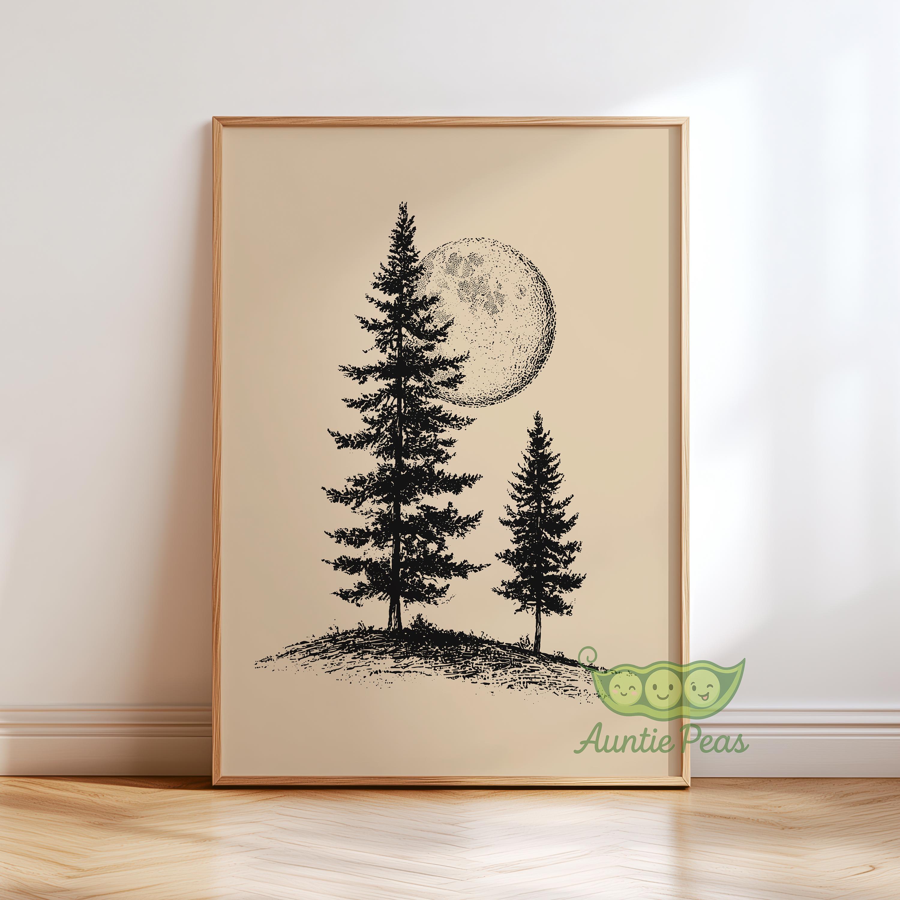 Moonlit Pine Tree Wall Art Print, Minimalist Forest Poster, Vintage ...