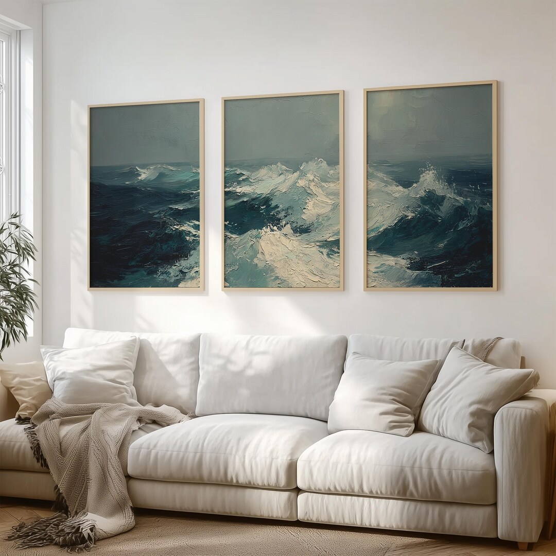 Ocean Waves Wall Art Set of 3, Coastal Seascape Panel Prints, Teal Blue ...