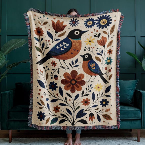 Scandinavian Bird Blanket, Nordic Folk Art Woven Throw, Norwegian