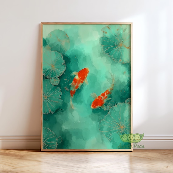 Koi Fish Wall Art, Japanese Watercolor Print, Zen Pond Painting, Asian Inspired Home Decor, Teal and Orange Artwork, Serene Nature Poster