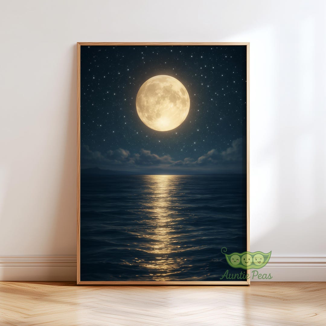 Moonlight Ocean Wall Art Print, Moon Night Seascape Painting, Moody ...