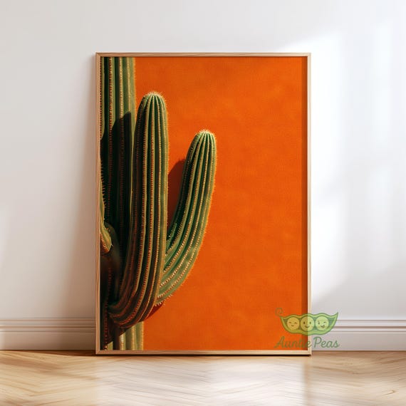 Vintage Saguaro Cactus Print, Bold Desert Wall Art, Retro Western Poster, Minimal Botanical Cacti Decor, Orange Mexican Artwork