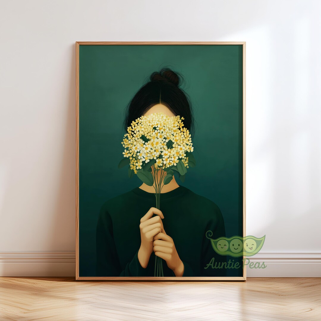 Emerald Green Woman Flower Wall Art, Minimalist Female Portrait, Modern ...