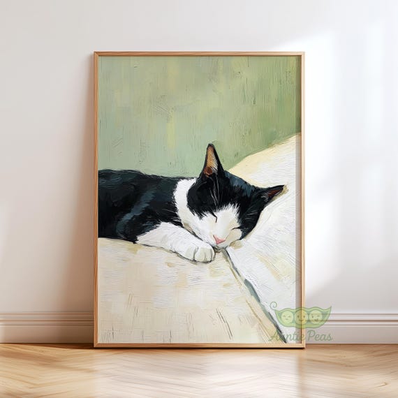 Sleeping Tuxedo Cat Print, Black and White Cat Wall Art, Cozy Cat Painting, Cat Poster, Peaceful Cat Lover Gift, Minimalist Feline Decor