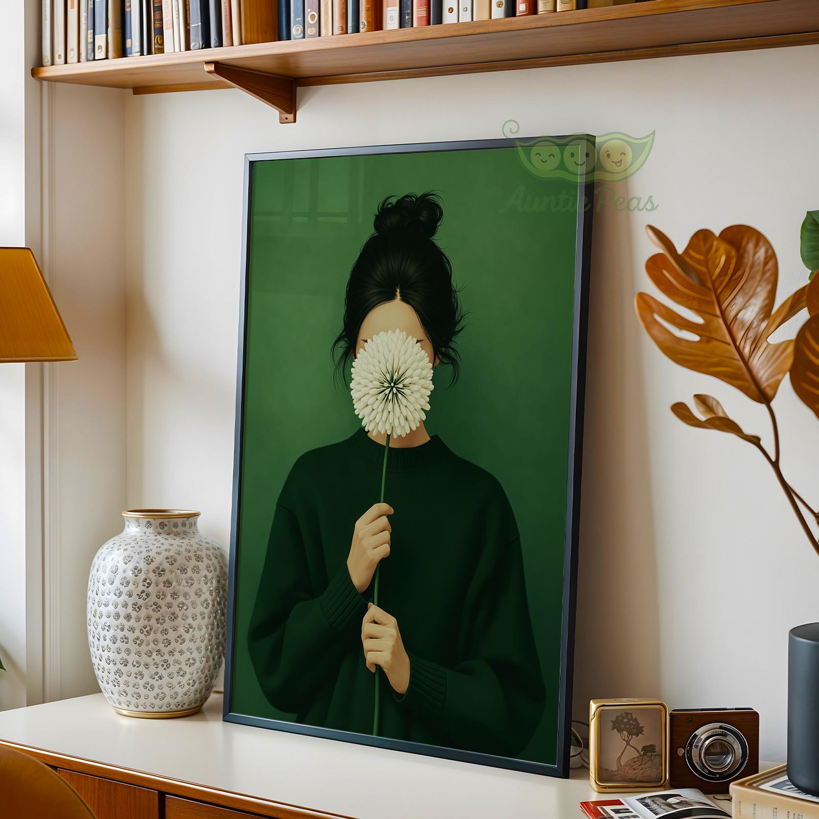 Emerald Green Woman Dandelion Wall Art, Minimalist Female Print, Modern ...
