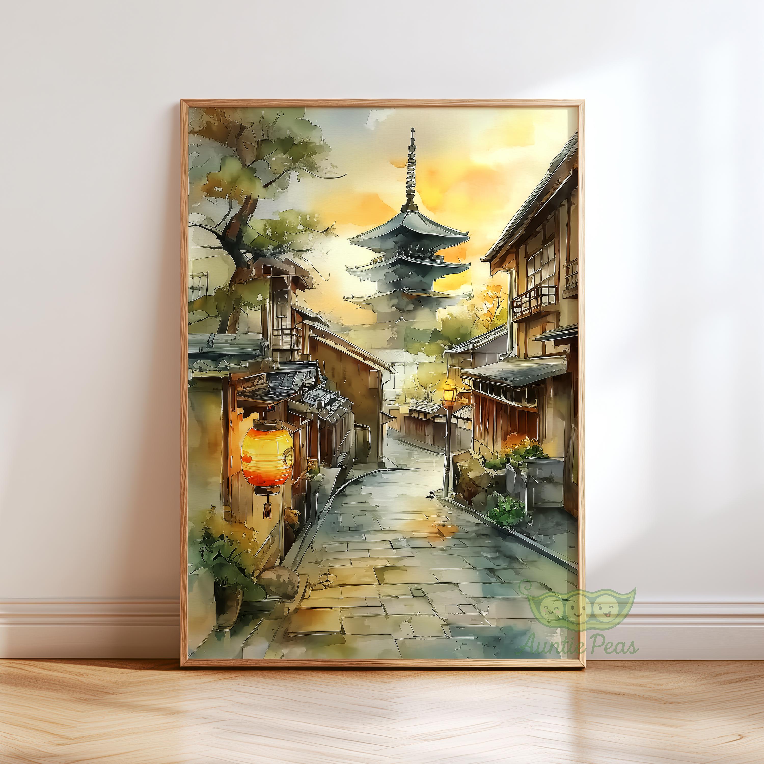 Kyoto Street Wall Art, Japanese Pagoda Painting, Traditional Japan