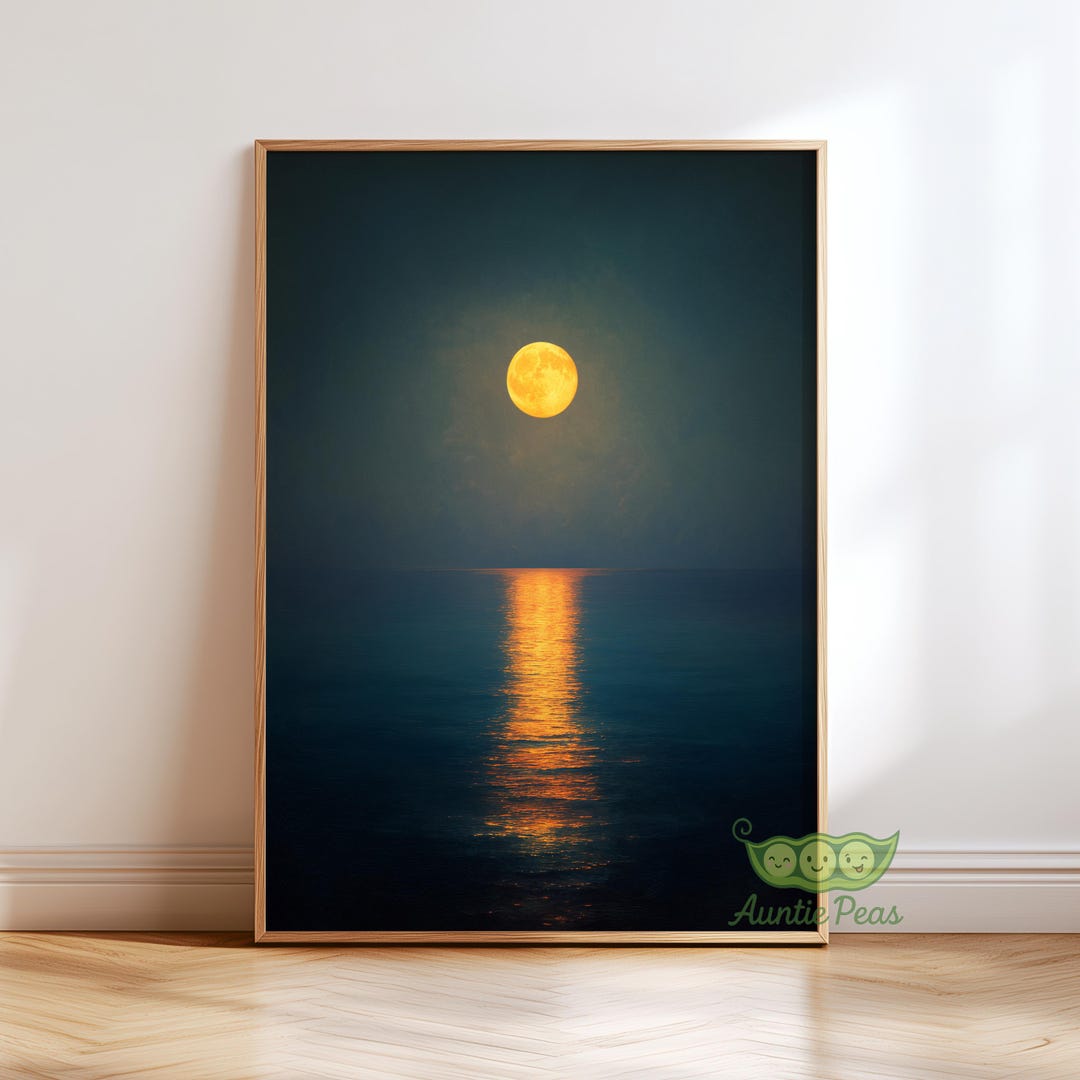 Moonlight Ocean Wall Art Print, Full Moon Night Seascape, Moody Coastal ...