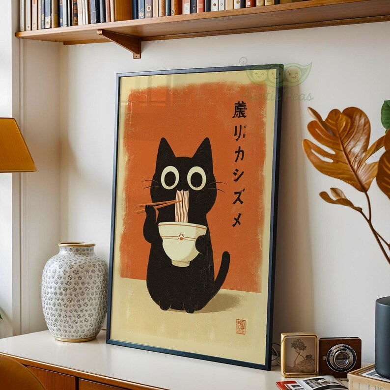 Hungry Black Cat Ramen Poster, Japanese Art Print, Cute Kawaii Cat Wall ...