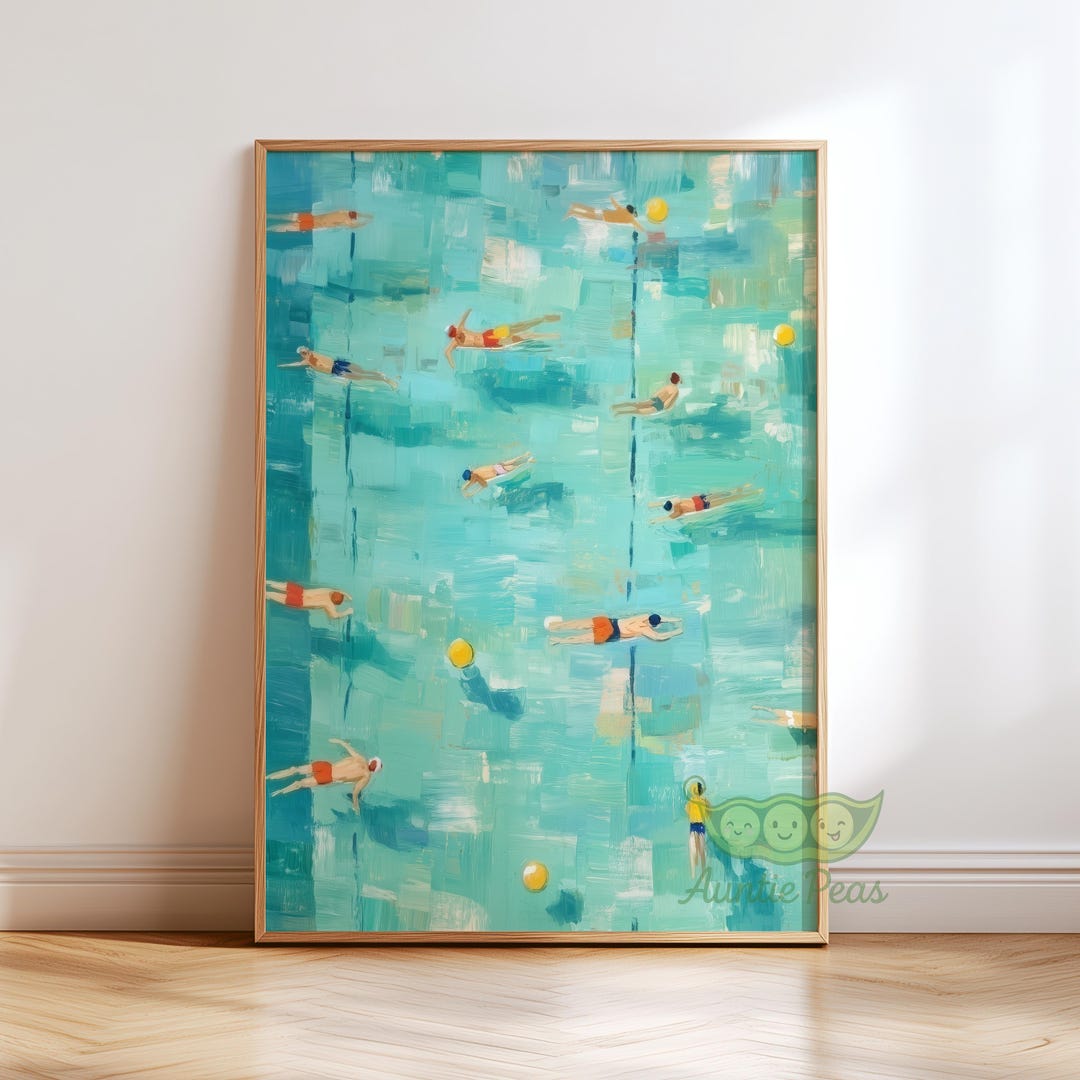 Swimming Pool Wall Art Print, Summer Swimmers Painting, Turquoise Water ...