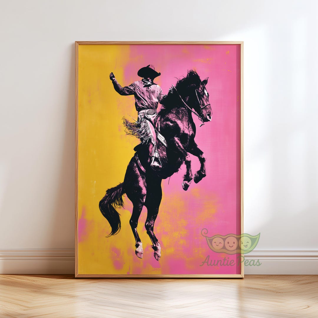 Cowboy Horse Wall Art, Pop Art Western Poster, Surreal Bucking Bronco ...