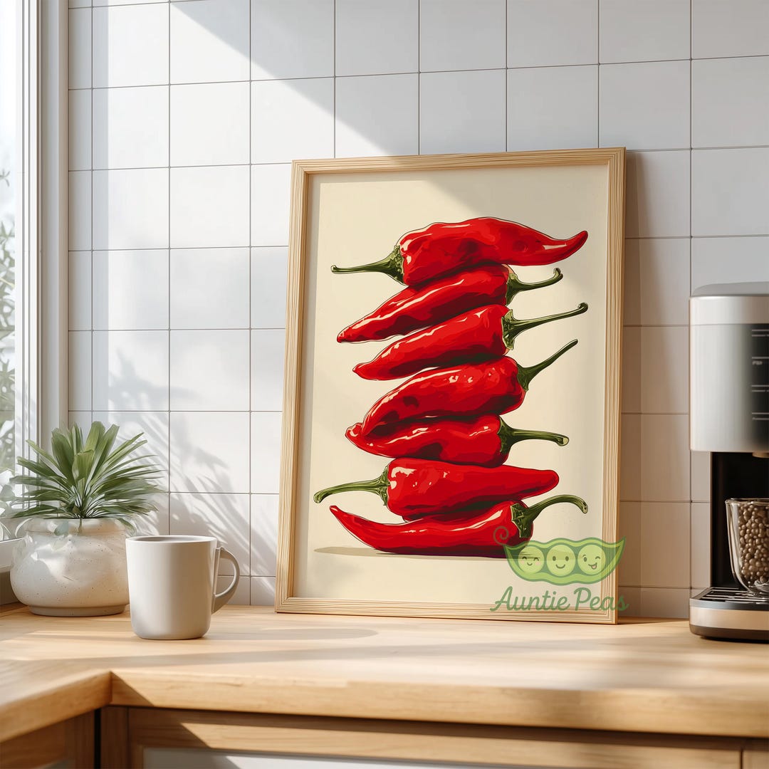 Red Chili Stack Wall Art, Vintage Chili Pepper Artwork, Kitchen ...