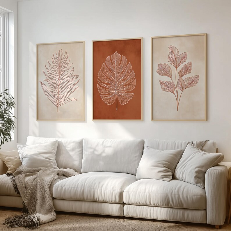 Botanical Line Art Set of 3 Prints, Minimal Leaf Wall Art, Terracotta ...