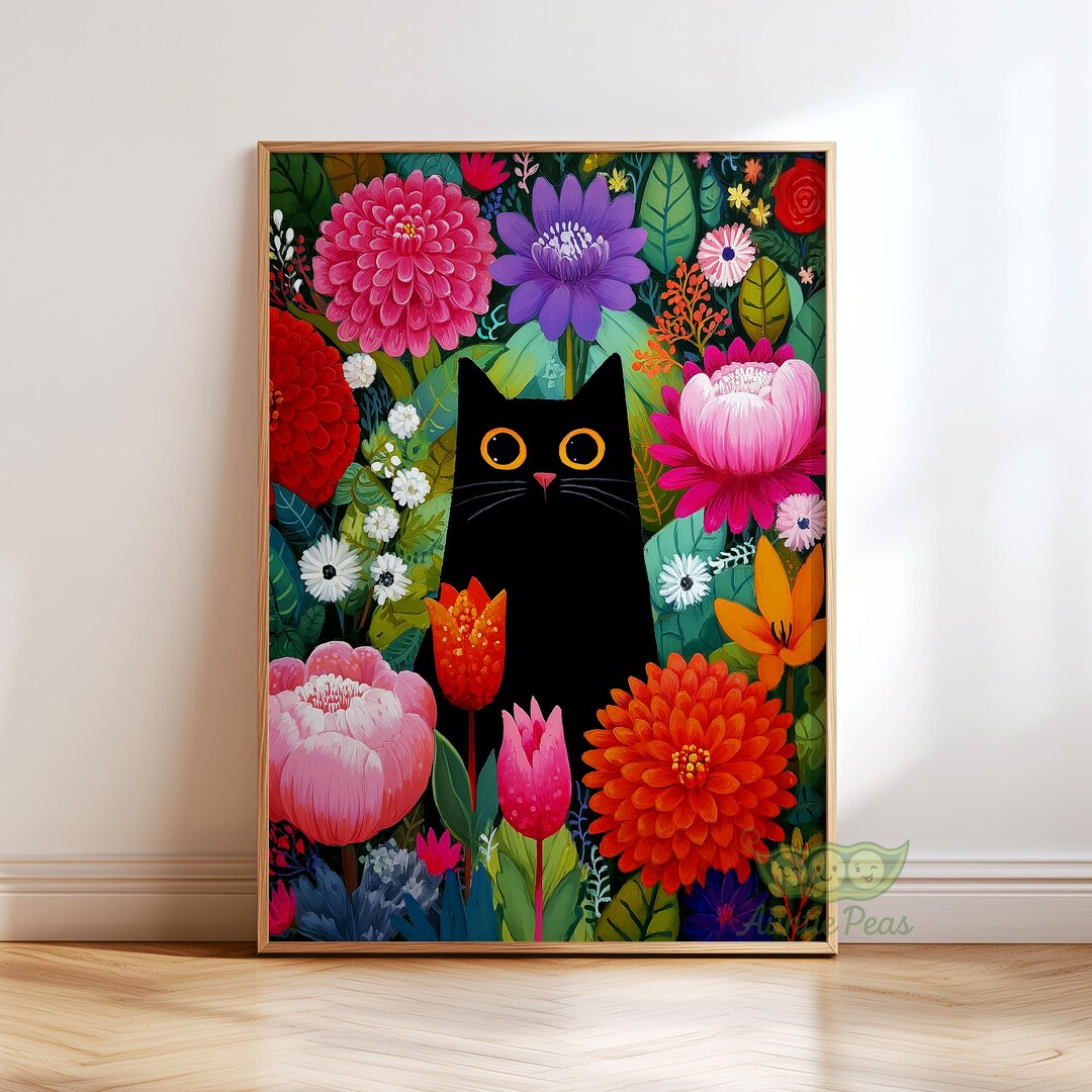 Black Cat Wall Art, Whimsical Floral Poster, Colorful Cottagecore Home ...