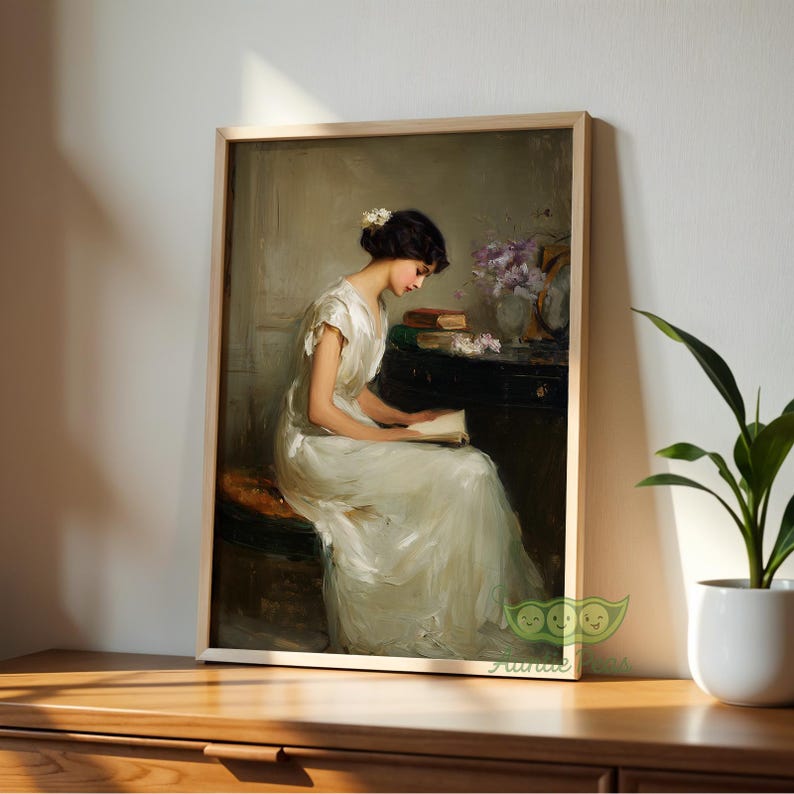 Vintage French Woman Reading Portrait Print, Moody Antique Oil Painting ...