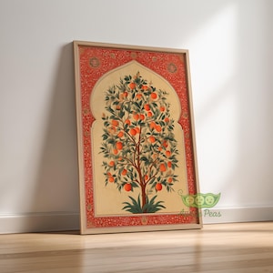 May include: A framed rectangular wall art print featuring a central illustration of an orange tree with green leaves and orange fruit, set within an arched beige panel. The border is a vibrant red with intricate floral patterns and gold accents.