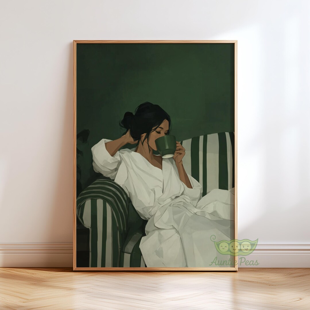 Emerald Green Woman Coffee Wall Art, Cozy Morning Print, Modern ...