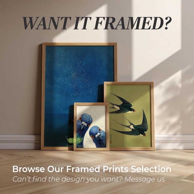 May include: Three framed art prints with wooden frames. The prints feature a blue starry night, two blue pigeons, and three black swallows on a green background. Text at the top reads "WANT IT FRAMED?" and at the bottom "Browse Our Framed Prints Selection".