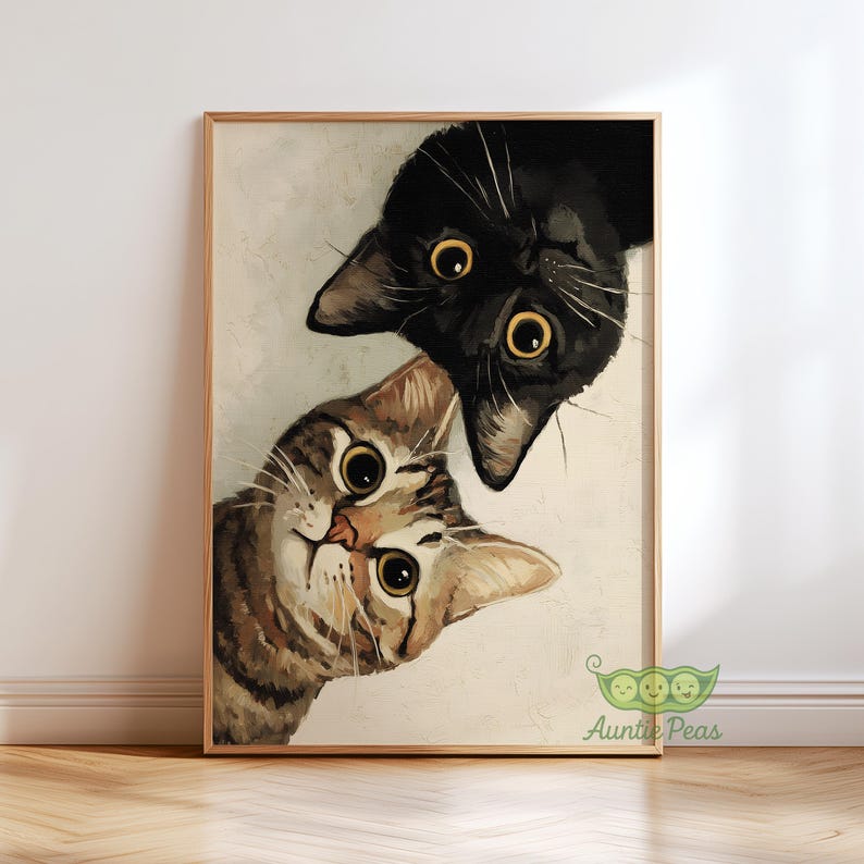 Curious Cats Wall Art, Whimsical Cat Painting, Funny Animal Art Print ...