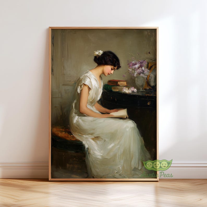 Vintage French Woman Reading Portrait Print, Moody Antique Oil Painting ...