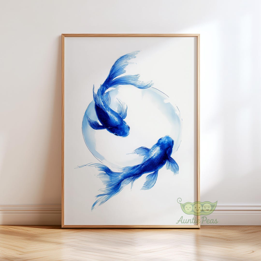 Blue Koi Fish Wall Art, Japanese Watercolor Print, Zen Minimalist ...