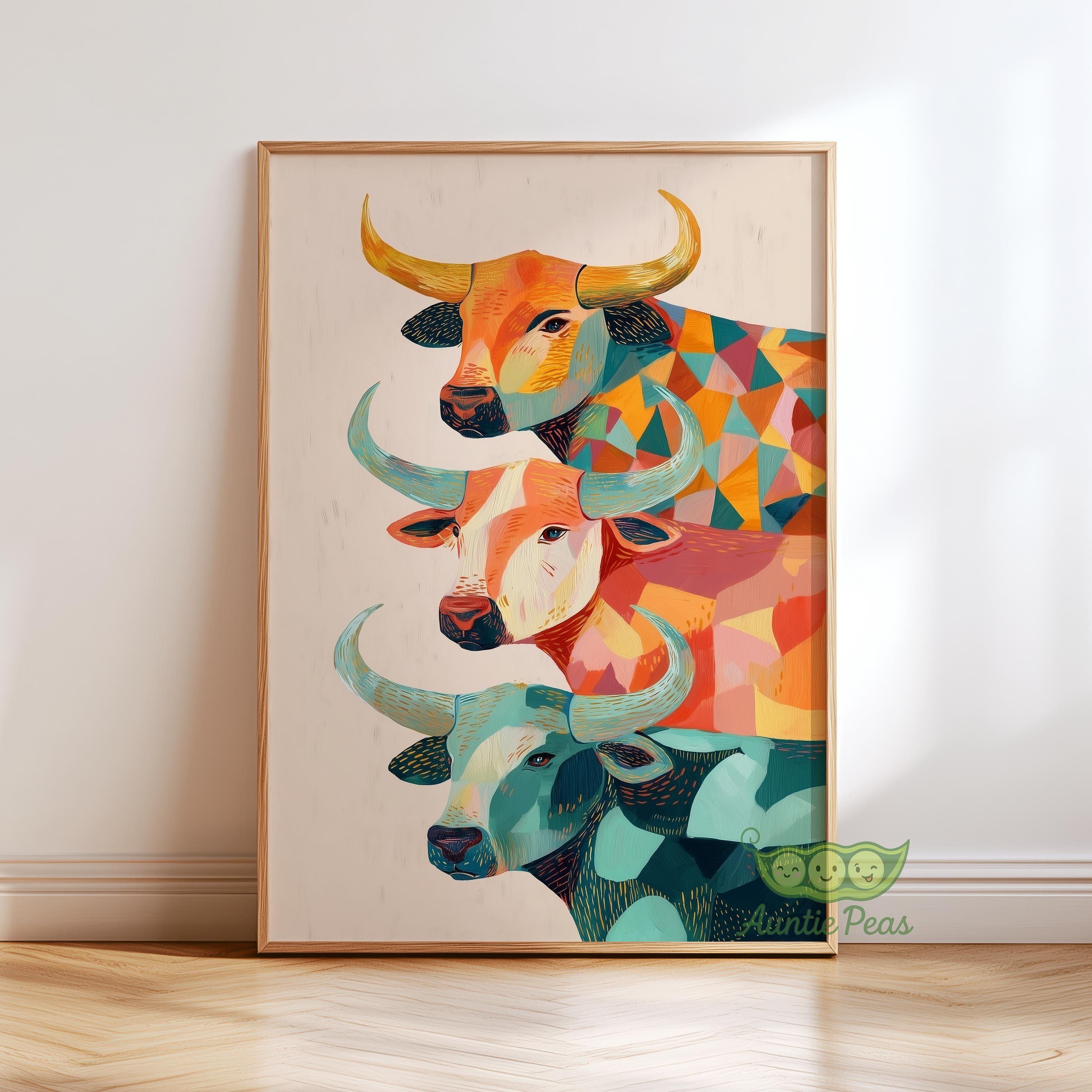 Abstract Cow Wall Art, Modern Western Cattle Print, Colorful Farm ...