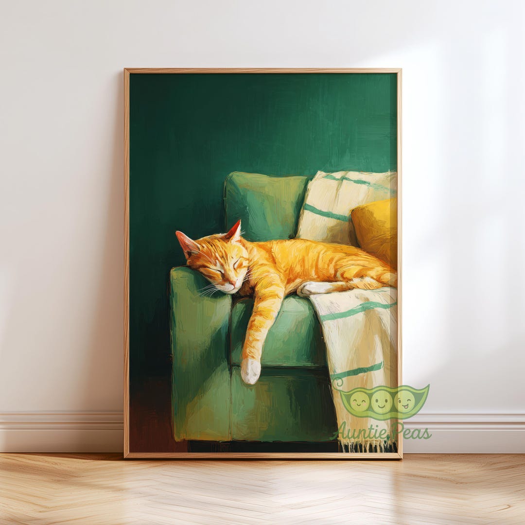 Sleeping Orange Cat Wall Art, Cozy Cat Print, Relaxed Tabby Poster ...