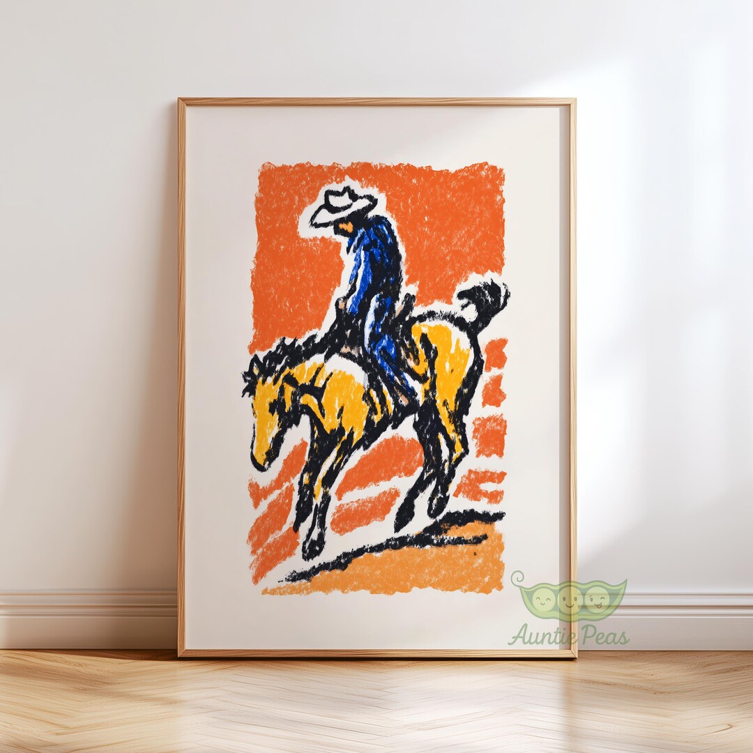 Retro Bucking Bronco Wall Art, Vintage Cowboy Print, Burnt Orange ...