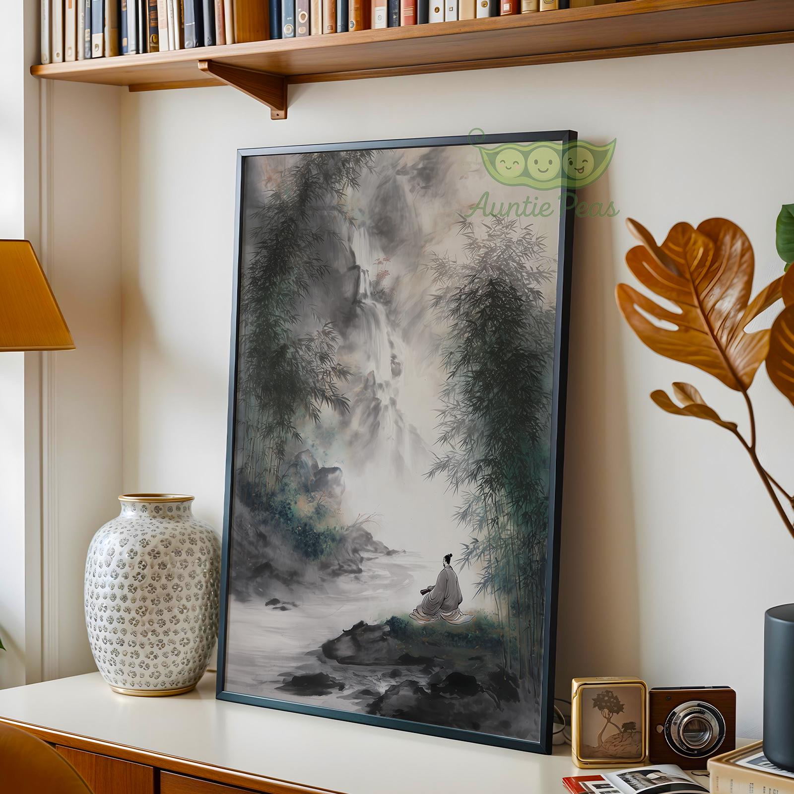 Japanese Waterfall Wall Art, Zen Landscape Painting, Oriental Nature ...