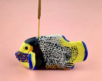 Handmade - Miniature Ceramic Sculpture - Figurine - Incense Burner -Tropical Fish - Place Holder - One of a Kind - Unique Gift