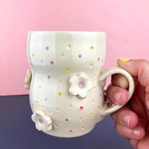 Handmade Mug - Ceramic Cup - Hand Painted Stoneware - Kitchen Decor - Gift Idea - Coffee Tea Cup - One of a Kind - Flowers and Dots