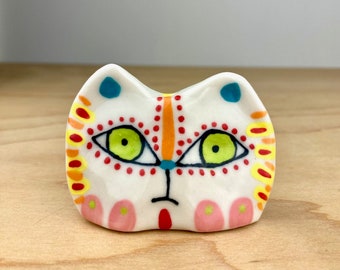 Handmade - Miniature Ceramic Sculpture - Figurine - Incense Burner -Pastel Multi Color Cat - Place Holder - One of a Kind - Unique Gift Cute