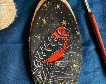 Original Oil Painting on Wood Slice, 3.25" x 7" - White Winged Crossbill