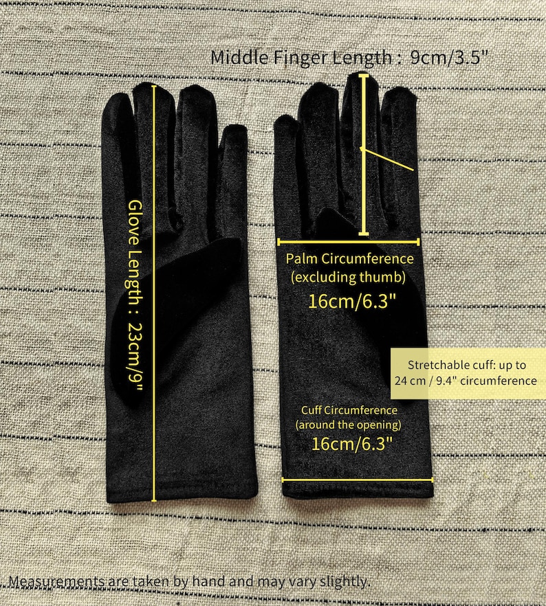 May include: A pair of black gloves with text overlays indicating a glove length of 9 inches, a middle finger length of 3.5 inches, a palm circumference of 6.3 inches, a cuff circumference of 6.3 inches, and a stretchable cuff up to 9.4 inches.