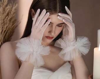 Ivory Ruffle Sheer Bridal Gloves | Elegant and Romantic Wedding Accessory