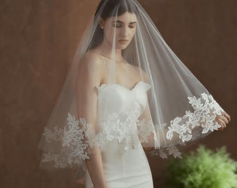May include: A white bridal veil with a delicate floral lace trim. The veil is draped over a white strapless wedding dress. The background is a warm brown colour, and a green plant is visible.