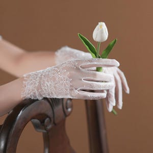 Light Ivory Eyelash Lace Bridal Gloves – Short Wedding Gloves,for banquets and formal occasions image 3
