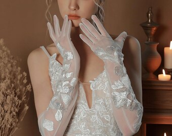 Handmade Lace Bridal Gloves Light Ivory Long Wedding Gloves Opera Length Sheer Floral Appliqué Elegant Vintage Wedding Accessories for Bride