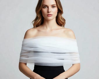 Minimalist Bridal Shoulder Veil, Soft Tulle Wedding Shoulder Cape, Elegant Bridal Wrap in White Ivory or Black, Size S–XL