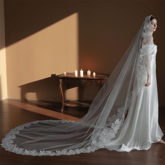 New White Exquisite Lace-Edged Cathedral Veil - Ultimate Bridal Elegance Exquisite Lace-Edged Cathedral Veil - Ultimate Bridal  main image 4