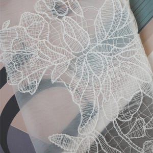 May include: Close-up of white floral lace fabric. The lace features intricate, detailed designs of flowers and leaves. The fabric is semi-sheer, with a delicate, airy appearance. The background is a mix of soft colors.