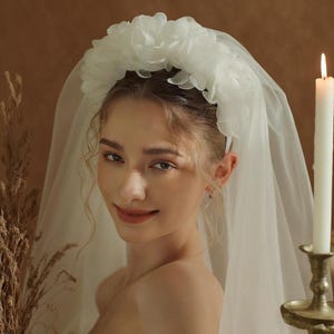 Ivory Double Layer Bridal Veil with Floral Headband–One-Piece Tulle Veil for Wedding Ceremony,Garden Photoshoot & Prom Look,bridal hairpiece