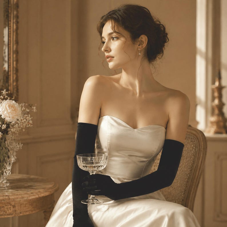 May include: A strapless white satin gown paired with long black opera-length gloves. The garment features a fitted bodice and a smooth, lustrous finish. The gloves extend past the elbows, providing a stark contrast to the light-colored dress.