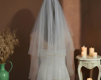 Light Ivory Two Tier Wedding Veil with Gold Trim | Elegant Waist Length Bridal Veil with Blusher for Ceremony & Photos
