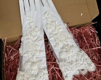 Helle Elfenbein Perlen Spitze Brauthandschuhe, lange Handschuhe mit Perlen & Pailletten, elegante Braut Accessoires