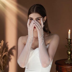 Ivory Long Sheer Bridal Gloves – Minimalist Wedding Gloves, Elegant Nylon Opera Gloves,  Minimalist Style Accessories for Bride