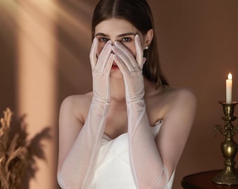 Light Ivory Long Sheer Bridal Gloves – Minimalist Wedding Accessories, Elegant Nylon Opera Gloves