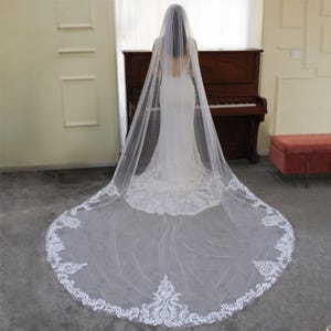 May include: A long, white wedding veil with intricate lace detailing along the edges. The veil is draped over a white wedding dress, creating a flowing, elegant look. The veil's design features floral and scroll patterns.