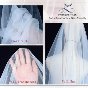 May include: A white nylon veil featuring a soft, breathable, and skin-friendly texture. The image displays the fabric's transparency and drape, with text labels reading Veil, Premium Nylon, Soft, Breathable, Skin-Friendly, Veil Soft, Veil Transparent, and Veil Sag.